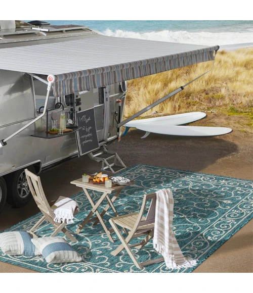 Charleston Vintage Filigree Textured Weave Teal/Gray 5' Square Indoor/Outdoor Area Rug