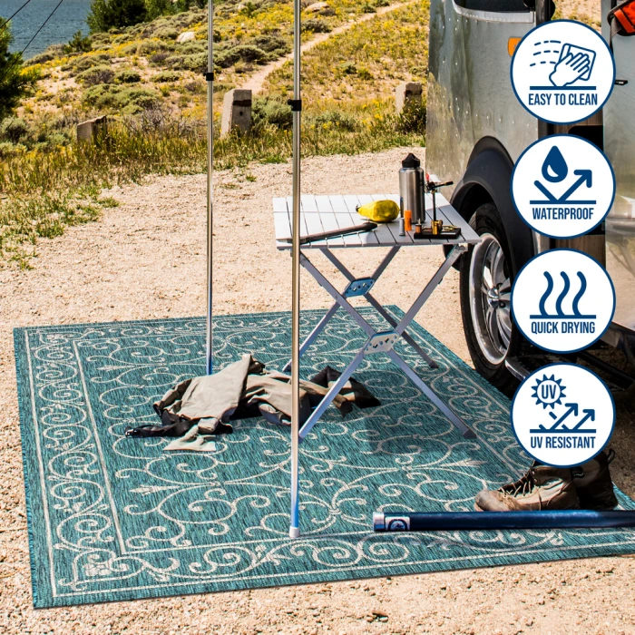 Charleston Vintage Filigree Textured Weave Teal/Gray 2 ft. x 8 ft. Indoor/Outdoor Runner Rug