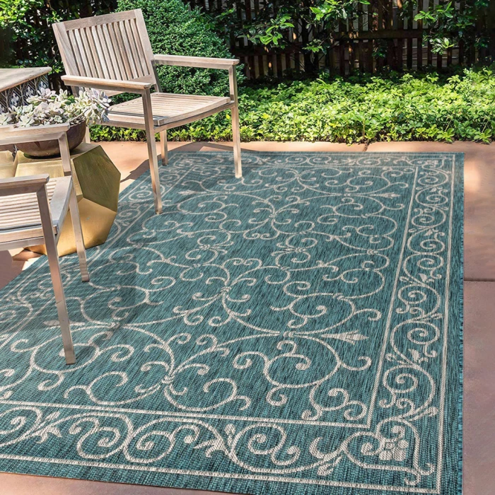 Charleston Vintage Filigree Textured Weave Teal/Gray 3 ft. x 5 ft. Indoor/Outdoor Area Rug