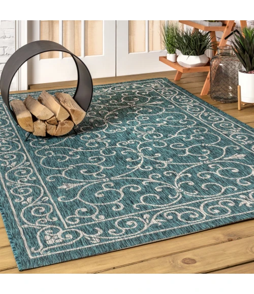 Charleston Vintage Filigree Textured Weave Teal/Gray 9 ft. x 12 ft. Indoor/Outdoor Area Rug