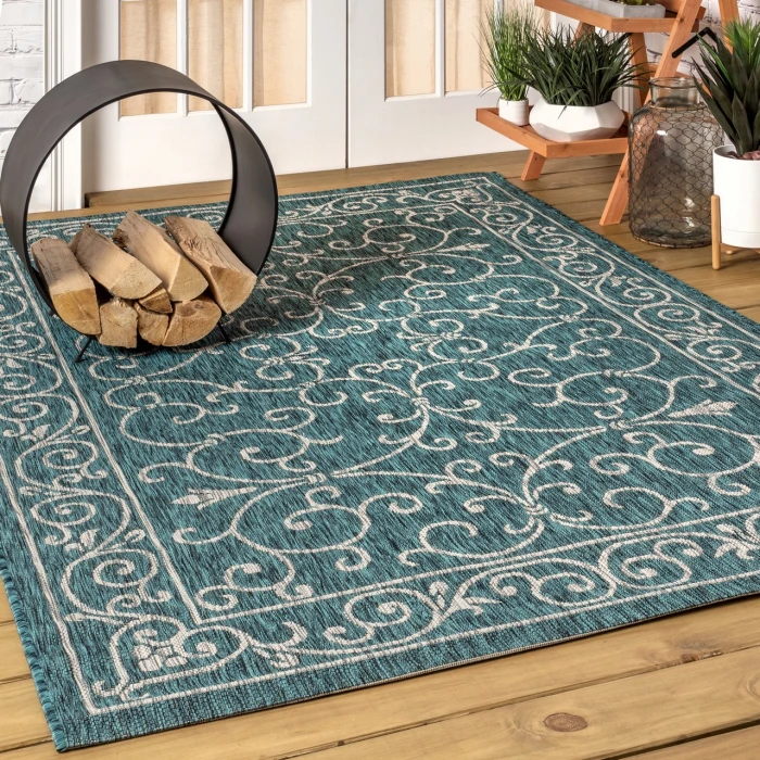 Charleston Vintage Filigree Textured Weave Teal/Gray 3 ft. x 5 ft. Indoor/Outdoor Area Rug
