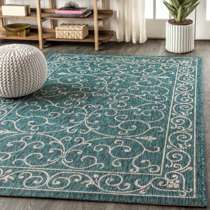 Charleston Vintage Filigree Textured Weave Teal/Gray 3 ft. x 5 ft. Indoor/Outdoor Area Rug