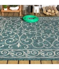 Charleston Vintage Filigree Textured Weave Teal/Gray 9 ft. x 12 ft. Indoor/Outdoor Area Rug
