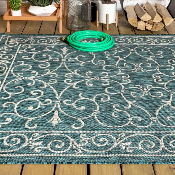 Charleston Vintage Filigree Textured Weave Teal/Gray 3 ft. x 5 ft. Indoor/Outdoor Area Rug