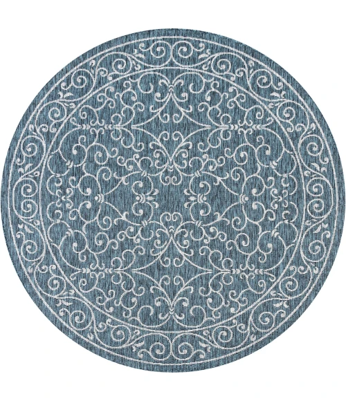 Charleston Vintage Filigree Textured Weave Teal/Gray 5' Round Indoor/Outdoor Area Rug