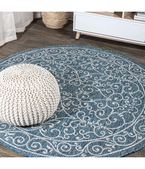 Charleston Vintage Filigree Textured Weave Teal/Gray 5' Round Indoor/Outdoor Area Rug