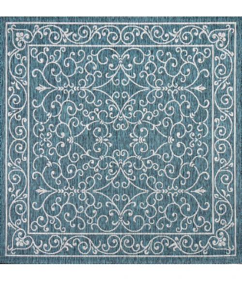 Charleston Vintage Filigree Textured Weave Teal/Gray 5' Square Indoor/Outdoor Area Rug
