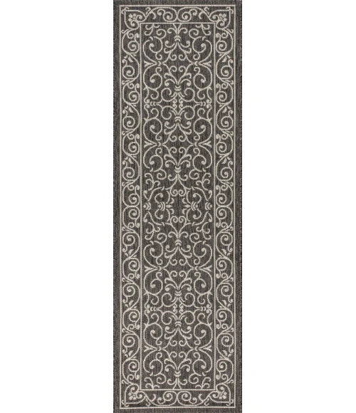 Charleston Vintage Filigree Textured Weave Black/Gray 2 ft. x 10 ft. Indoor/Outdoor Runner Rug