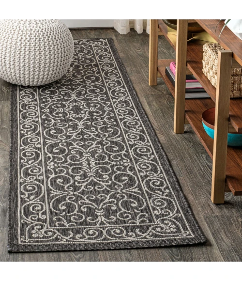 Charleston Vintage Filigree Textured Weave Black/Gray 2 ft. x 10 ft. Indoor/Outdoor Runner Rug