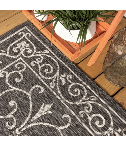 Charleston Vintage Filigree Textured Weave Black/Gray 9 ft. x 12 ft. Indoor/Outdoor Area Rug
