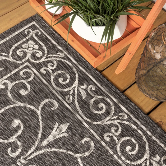 Charleston Vintage Filigree Textured Weave Black/Gray 8 ft. x 10 ft. Indoor/Outdoor Area Rug