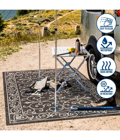 Charleston Vintage Filigree Textured Weave Black/Gray 2 ft. x 10 ft. Indoor/Outdoor Runner Rug