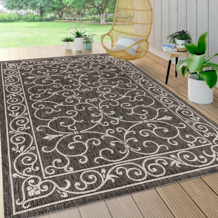 Charleston Vintage Filigree Textured Weave Black/Gray 8 ft. x 10 ft. Indoor/Outdoor Area Rug
