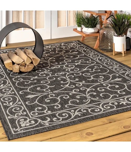 Charleston Vintage Filigree Textured Weave Black/Gray 9 ft. x 12 ft. Indoor/Outdoor Area Rug