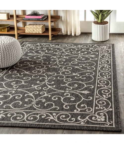 Charleston Vintage Filigree Textured Weave Black/Gray 9 ft. x 12 ft. Indoor/Outdoor Area Rug