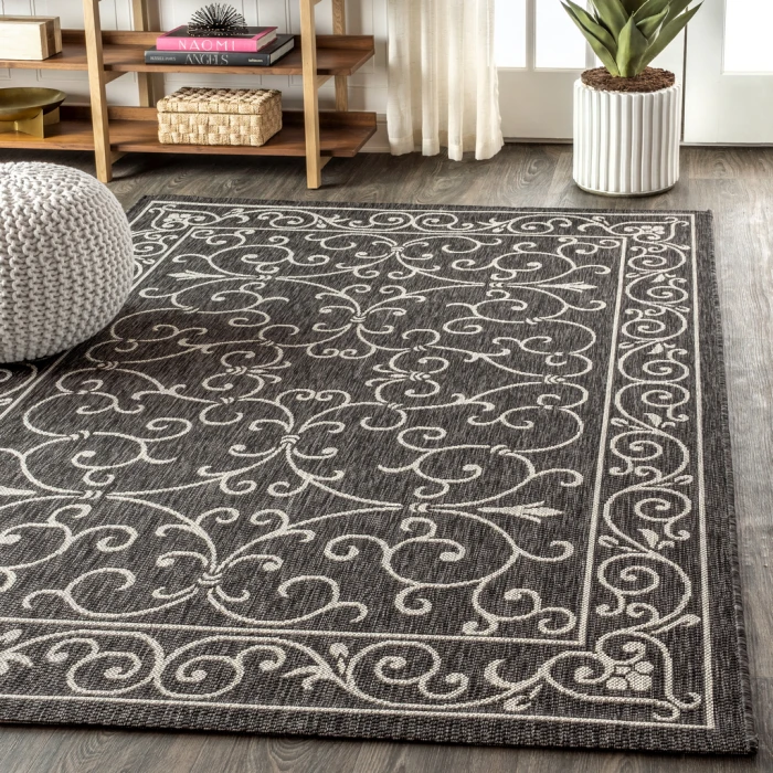 Charleston Vintage Filigree Textured Weave Black/Gray 8 ft. x 10 ft. Indoor/Outdoor Area Rug
