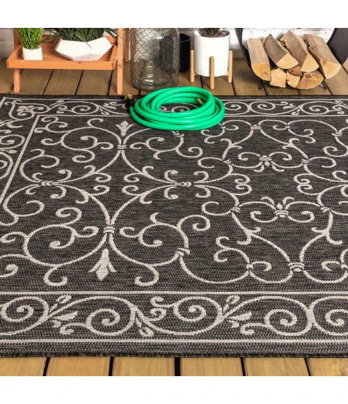 Charleston Vintage Filigree Textured Weave Black/Gray 9 ft. x 12 ft. Indoor/Outdoor Area Rug