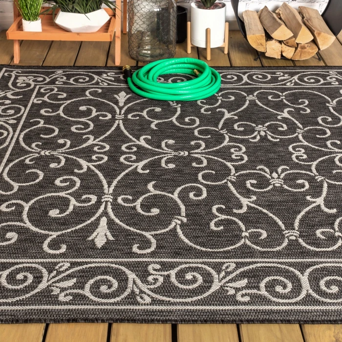 Charleston Vintage Filigree Textured Weave Black/Gray 8 ft. x 10 ft. Indoor/Outdoor Area Rug