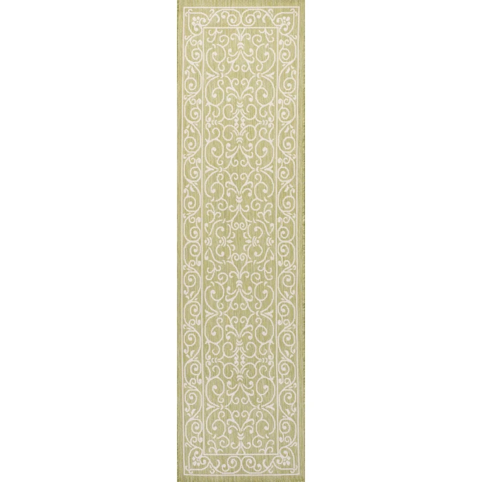 Charleston Vintage Filigree Textured Weave Green/Cream 2 ft. x 8 ft. Indoor/Outdoor Runner Rug