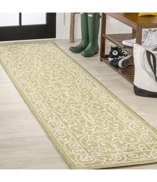 Charleston Vintage Filigree Textured Weave Green/Cream 2 ft. x 8 ft. Indoor/Outdoor Runner Rug