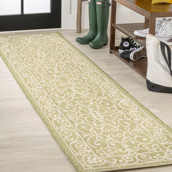Charleston Vintage Filigree Textured Weave Green/Cream 2 ft. x 8 ft. Indoor/Outdoor Runner Rug