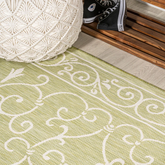 Charleston Vintage Filigree Textured Weave Green/Cream 2 ft. x 8 ft. Indoor/Outdoor Runner Rug