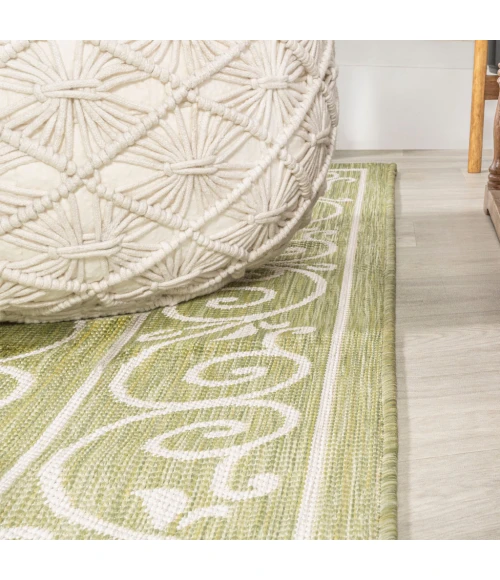 Charleston Vintage Filigree Textured Weave Green/Cream 2 ft. x 8 ft. Indoor/Outdoor Runner Rug