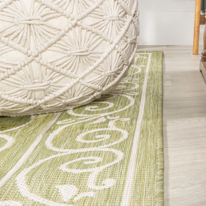 Charleston Vintage Filigree Textured Weave Green/Cream 2 ft. x 8 ft. Indoor/Outdoor Runner Rug
