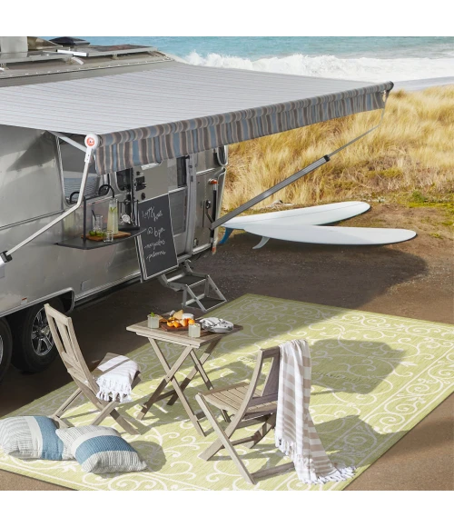 Charleston Vintage Filigree Textured Weave Green/Cream 2 ft. x 8 ft. Indoor/Outdoor Runner Rug