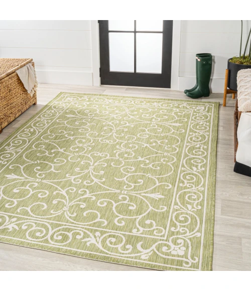 Charleston Vintage Filigree Textured Weave Green/Cream 9 ft. x 12 ft. Indoor/Outdoor Area Rug