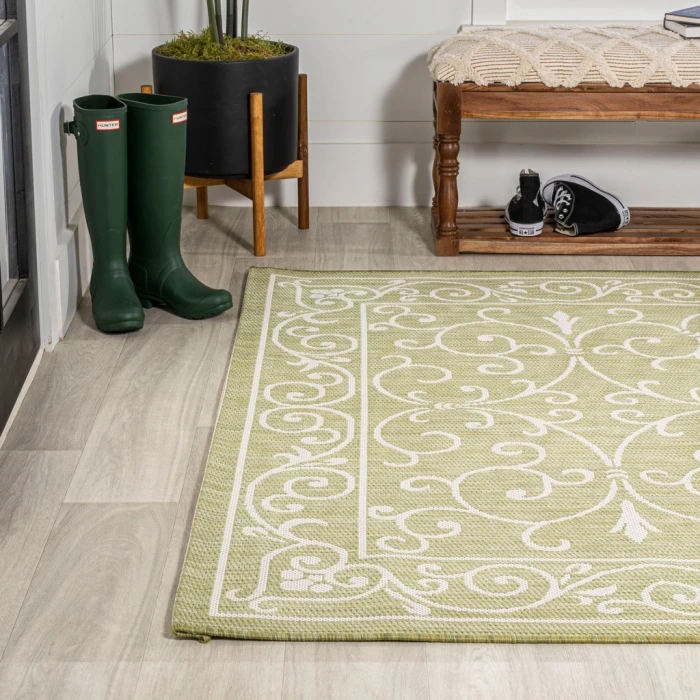 Charleston Vintage Filigree Textured Weave Green/Cream 3 ft. x 5 ft. Indoor/Outdoor Area Rug