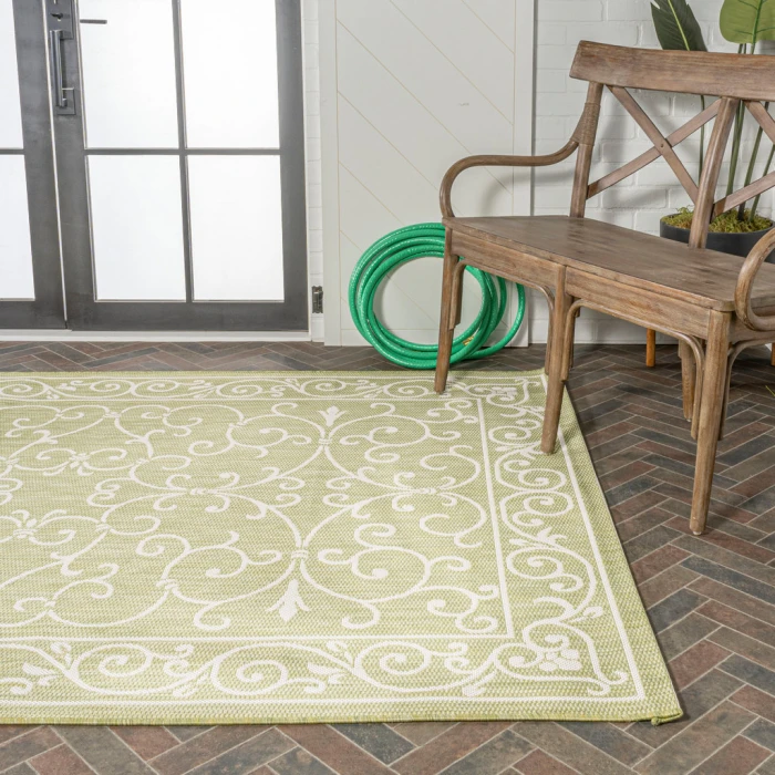 Charleston Vintage Filigree Textured Weave Green/Cream 3 ft. x 5 ft. Indoor/Outdoor Area Rug