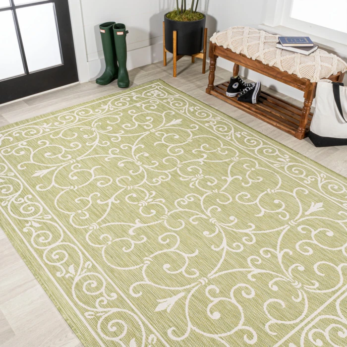 Charleston Vintage Filigree Textured Weave Green/Cream 3 ft. x 5 ft. Indoor/Outdoor Area Rug