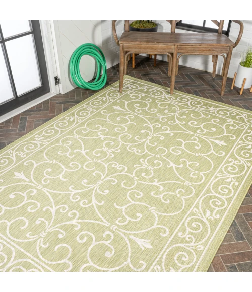 Charleston Vintage Filigree Textured Weave Green/Cream 9 ft. x 12 ft. Indoor/Outdoor Area Rug