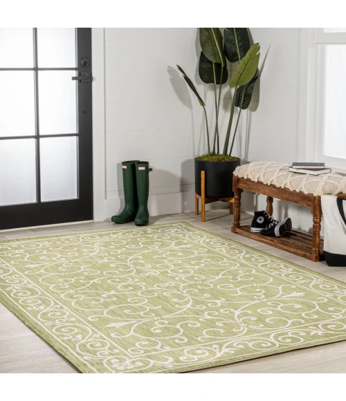 Charleston Vintage Filigree Textured Weave Green/Cream 9 ft. x 12 ft. Indoor/Outdoor Area Rug