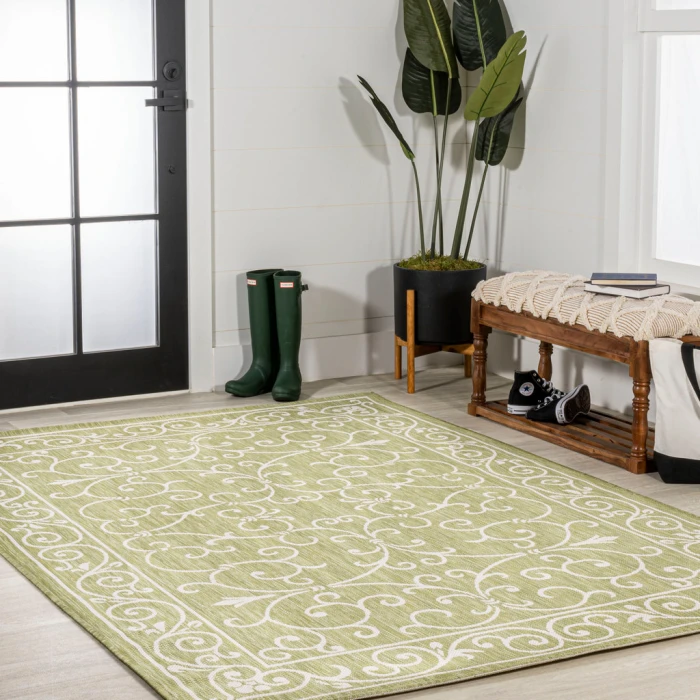 Charleston Vintage Filigree Textured Weave Green/Cream 3 ft. x 5 ft. Indoor/Outdoor Area Rug
