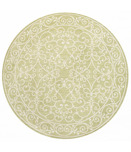 Charleston Vintage Filigree Textured Weave Green/Cream 5' Round Indoor/Outdoor Area Rug
