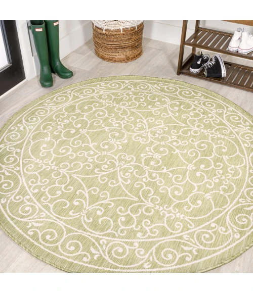Charleston Vintage Filigree Textured Weave Green/Cream 5' Round Indoor/Outdoor Area Rug