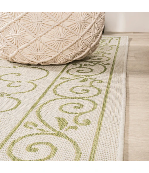 Charleston Vintage Filigree Textured Weave Cream/Green 5' Square Indoor/Outdoor Area Rug