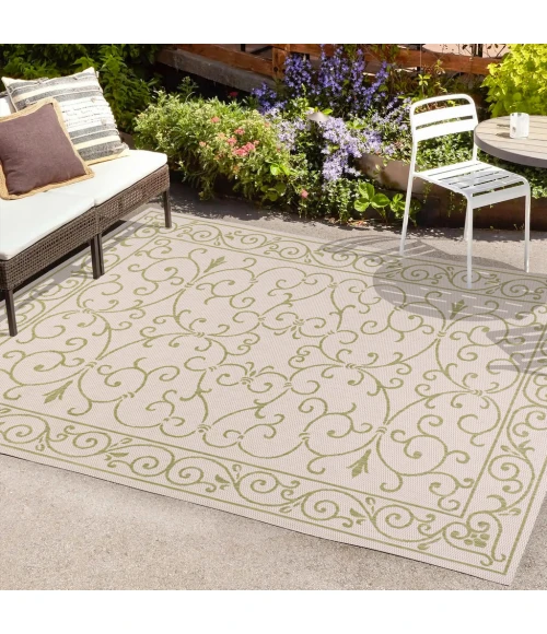 Charleston Vintage Filigree Textured Weave Cream/Green 9 ft. x 12 ft. Indoor/Outdoor Area Rug