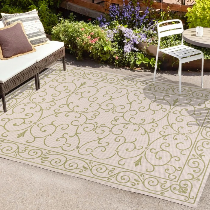 Charleston Vintage Filigree Textured Weave Cream/Green 3 ft. x 5 ft. Indoor/Outdoor Area Rug