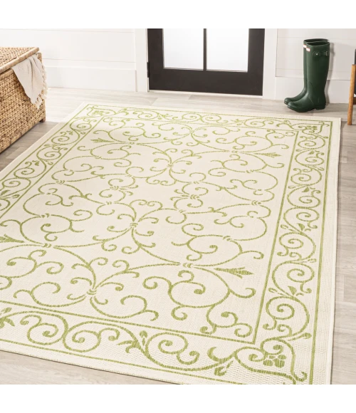 Charleston Vintage Filigree Textured Weave Cream/Green 9 ft. x 12 ft. Indoor/Outdoor Area Rug