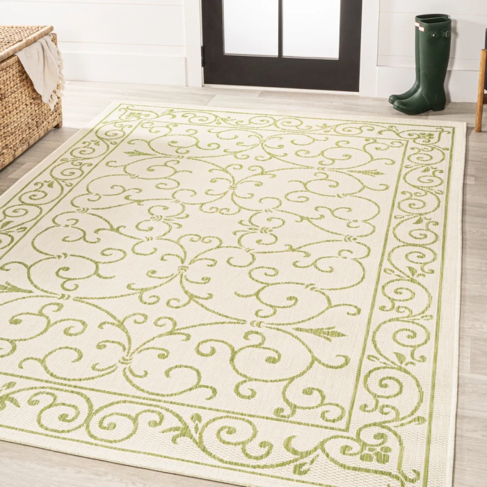 Charleston Vintage Filigree Textured Weave Cream/Green 3 ft. x 5 ft. Indoor/Outdoor Area Rug