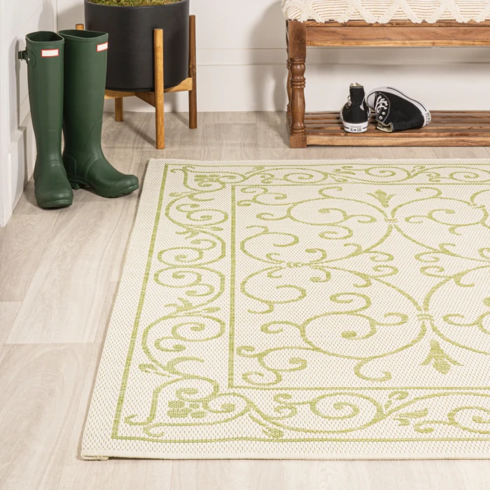Charleston Vintage Filigree Textured Weave Cream/Green 3 ft. x 5 ft. Indoor/Outdoor Area Rug