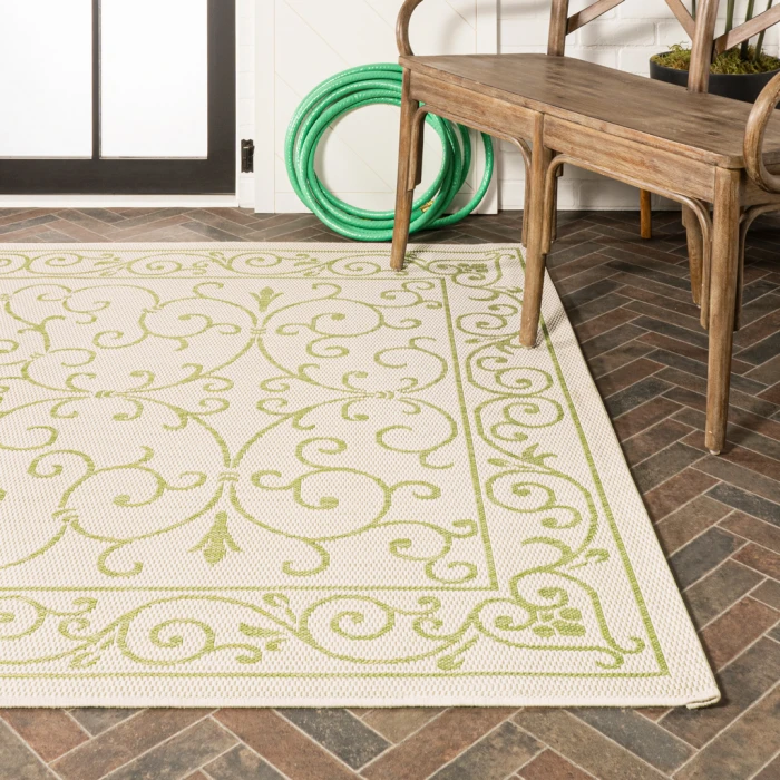 Charleston Vintage Filigree Textured Weave Cream/Green 3 ft. x 5 ft. Indoor/Outdoor Area Rug