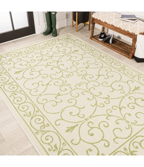 Charleston Vintage Filigree Textured Weave Cream/Green 9 ft. x 12 ft. Indoor/Outdoor Area Rug