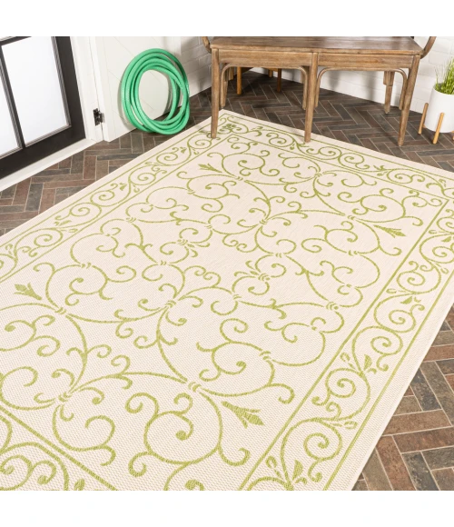 Charleston Vintage Filigree Textured Weave Cream/Green 9 ft. x 12 ft. Indoor/Outdoor Area Rug