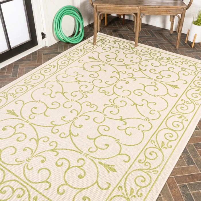 Charleston Vintage Filigree Textured Weave Cream/Green 3 ft. x 5 ft. Indoor/Outdoor Area Rug