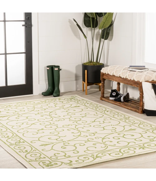 Charleston Vintage Filigree Textured Weave Cream/Green 9 ft. x 12 ft. Indoor/Outdoor Area Rug