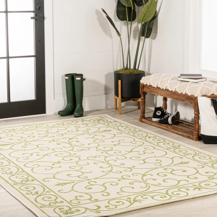 Charleston Vintage Filigree Textured Weave Cream/Green 3 ft. x 5 ft. Indoor/Outdoor Area Rug